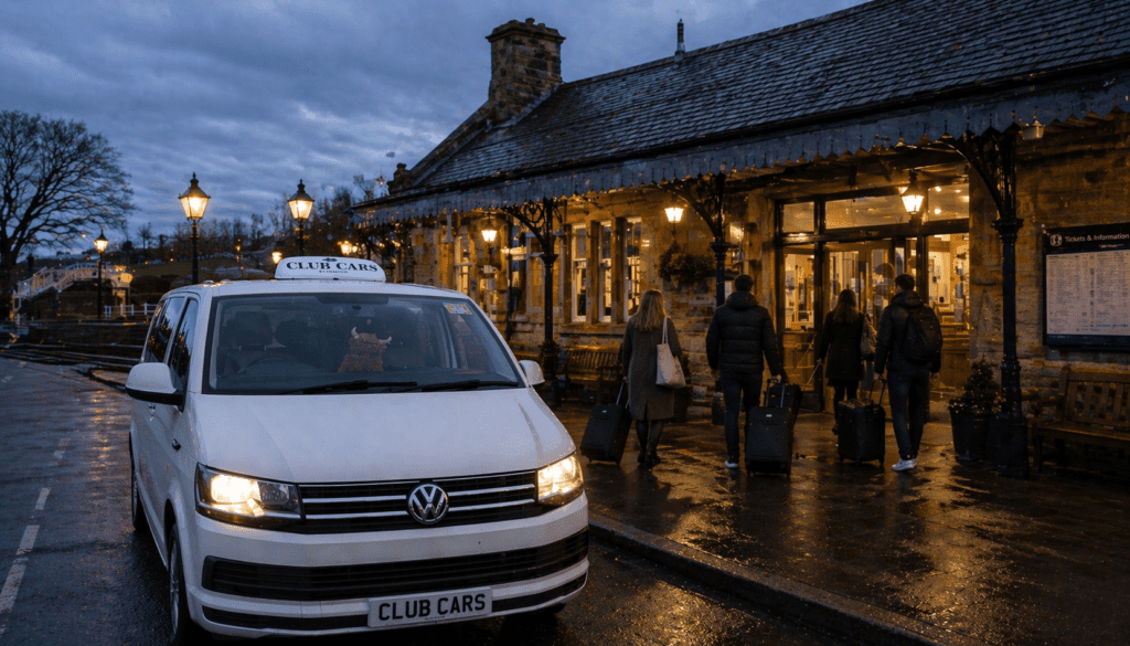 Club Cars taxi at train station at dusk