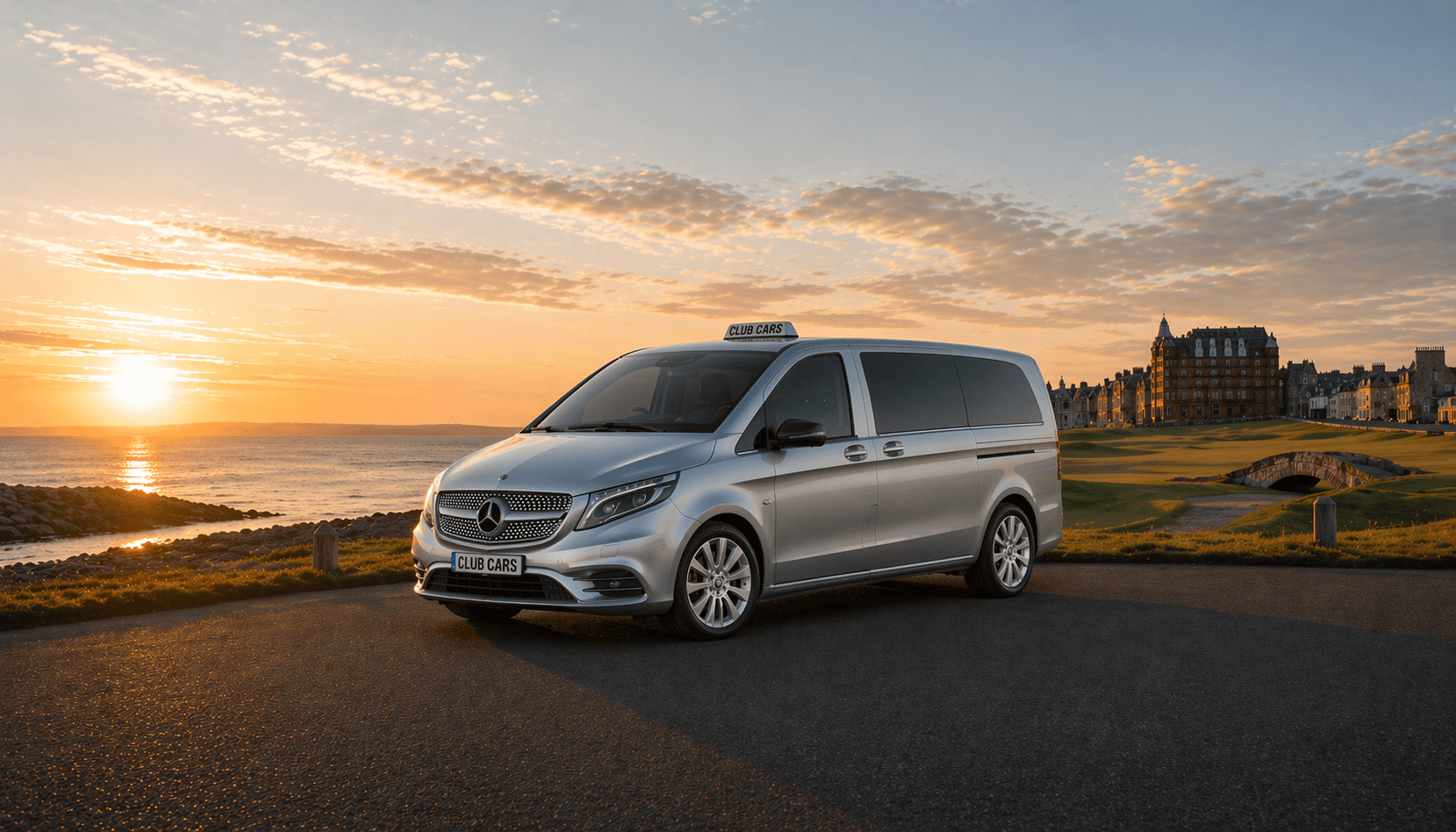 Club Cars Mercedes V-Class at St Andrews Old Course at sunset